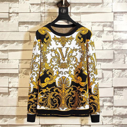 New Arrivals Men's Fashion Gold Floral Knitwear Winter Men's Clothing Crew Neck Long Sleeve Sweater for Men