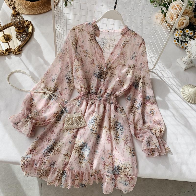 2019 new fashion women&#39;s French dress female temperament V-neck long-sleeved chiffon floral dresses