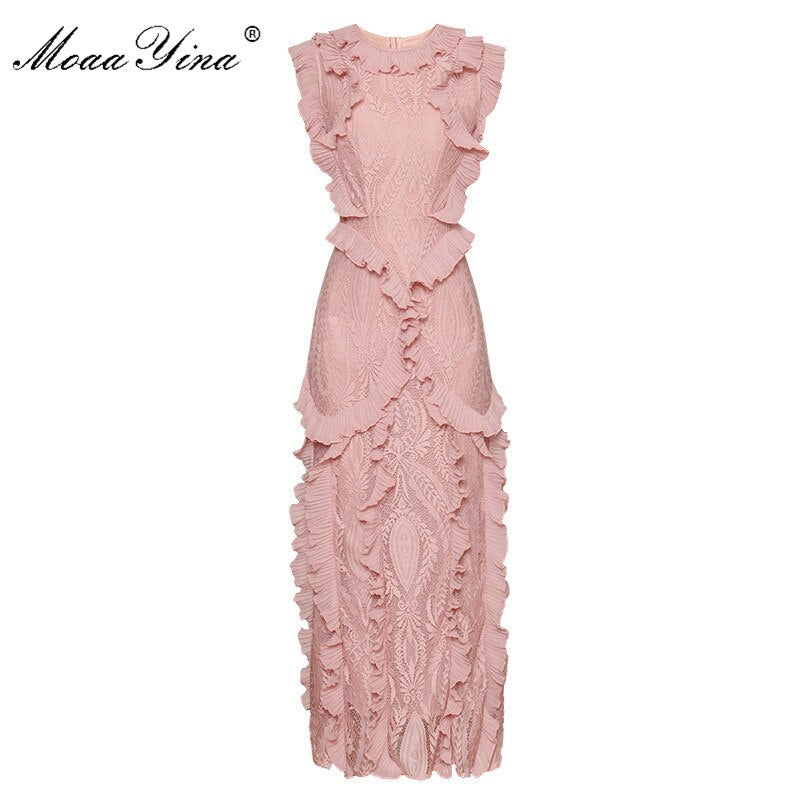MoaaYina Fashion Designer dress Spring Summer Women&#39;s Dress Sleeveless Lace Patchwork Ruffles Elegant Party Slim Dresses