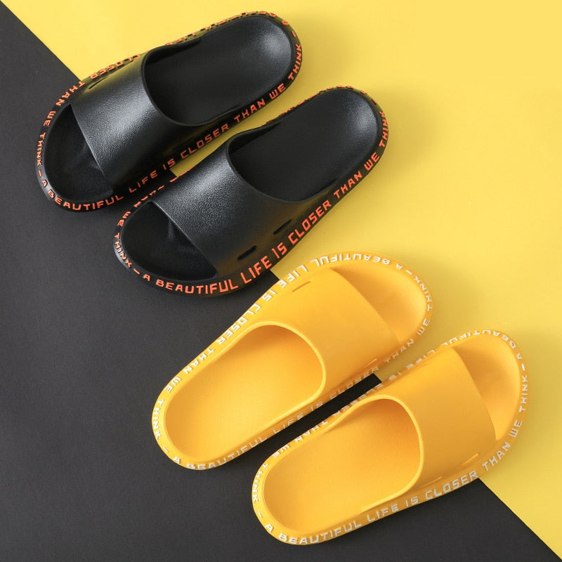 Summer Women Men Slippers Beach Slide Sandals Cute Words Alphabet Non-Slip Soft Sole Couple Ladies Home Outdoor Bathroom Shoes