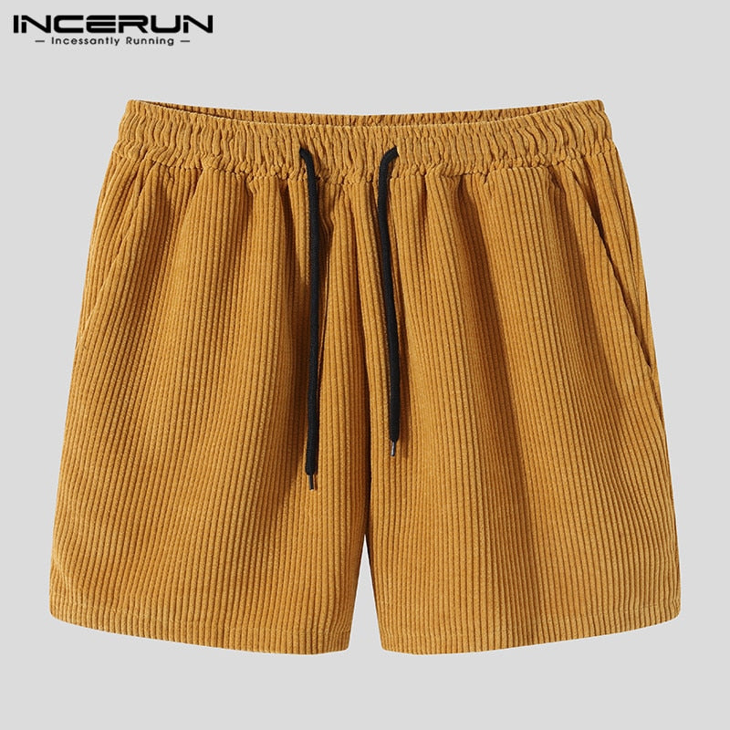 Men Fashion Solid Sets INCERUN Short Sleeve Lapel Shirts Drawstring Shorts Suits Leisure Curduroy Suits Vinatge Mens Sets S-5XL
