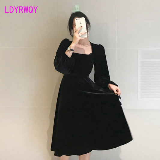 2020 spring new retro Hepburn style square collar waist velvet small dress female Regular  Knee-Length  Office Lady