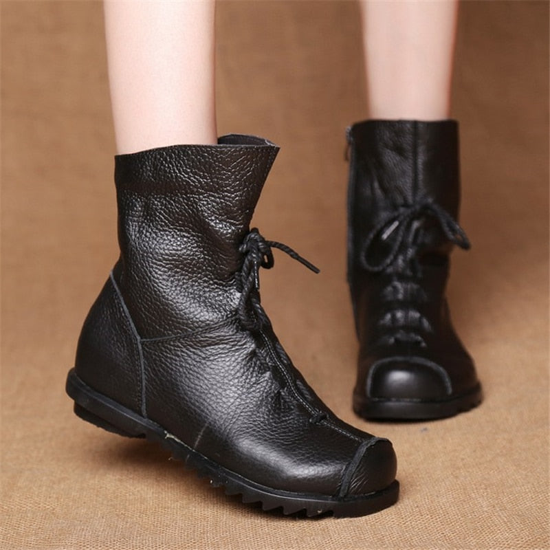 JIANBUDAN/ Genuine Leather Plush women&#39;s short Boots Retro Casual Autumn Winter Women&#39;s Boots Waterproof leather warm Snow boots