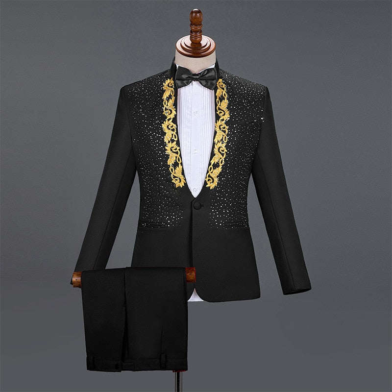 Diamond Royal Blue Men Suit Set Gold Embroidered Wedding Mens Slim Fit Tuxedo Mens Suits with Pants Prom Show Stage Costume Male