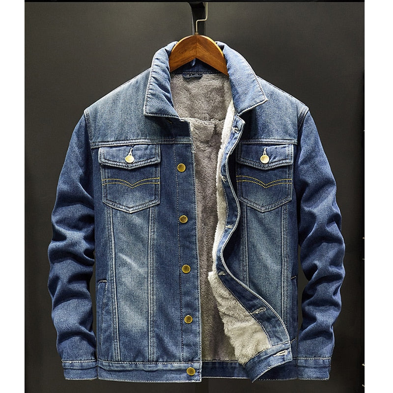 Men Light Blue Winter Jean Jackets Outerwear Warm Denim Coats New Men Large Size Wool Liner Thicker Winter Denim Jackets Size6XL