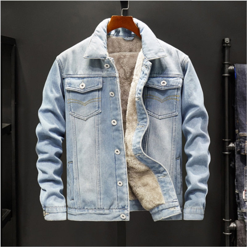 Men Light Blue Winter Jean Jackets Outerwear Warm Denim Coats New Men Large Size Wool Liner Thicker Winter Denim Jackets Size6XL