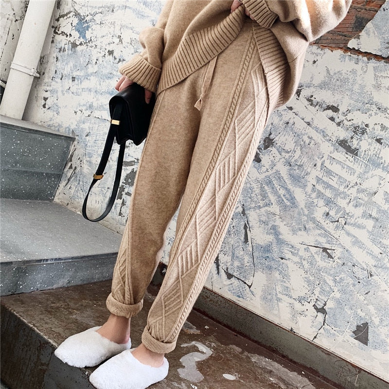 Mozuleva Winter Thicken Women Harem Pants Casual Drawstring Twisted Knitted Pants Femme Chic Warm Female Sweater Trousers 2021
