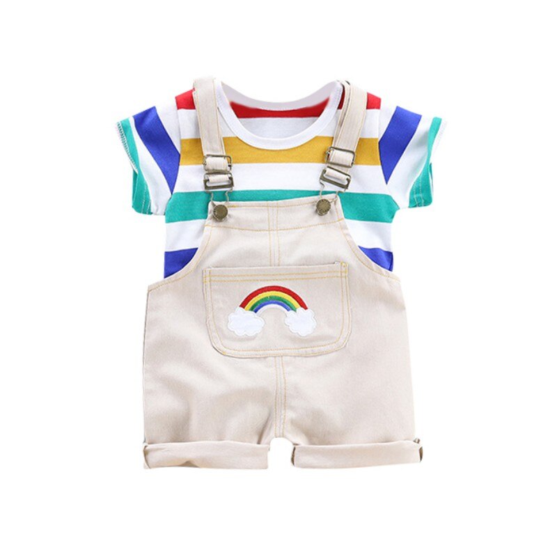 Toddler Baby Boy Clothing Summer Clothes Set Infant Girls Outfits Rainbow Stripe T-shirt+Suspenders Pants Kids Tracksuit Suits