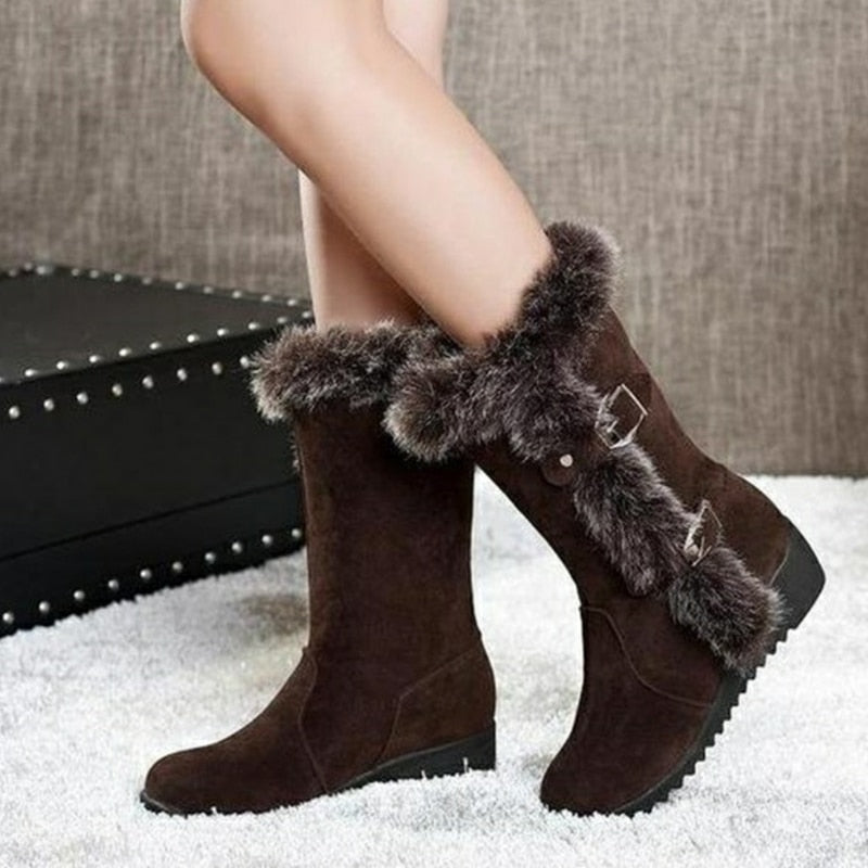 Women Winter Boots Flock Winter Shoes Ladies Fashion Snow Boots Shoes Thigh High Suede Mid-Calf Boots