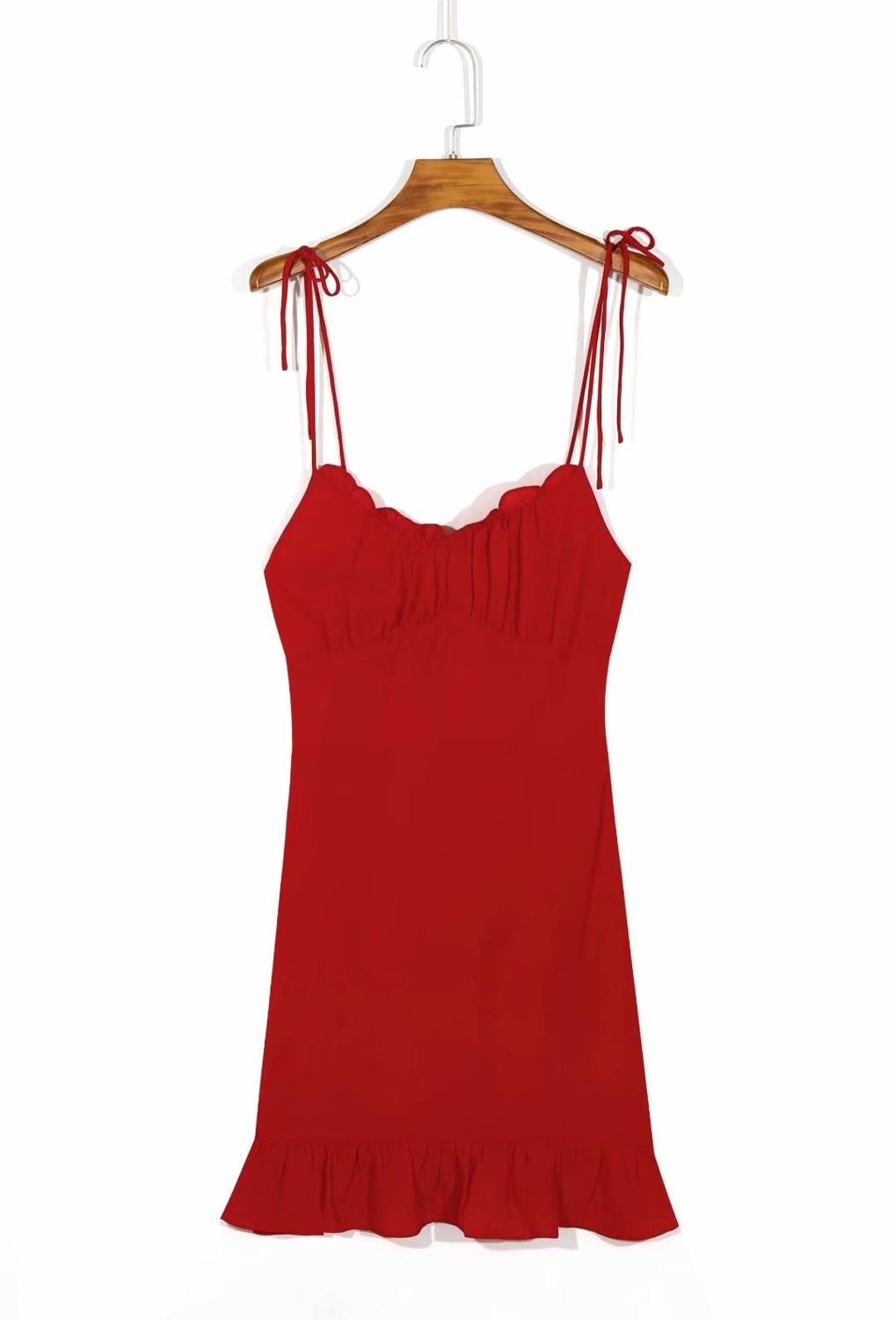 Retro ruffles mini dress women adjustable spaghetti straps red black elastic holiday fashion summer dress