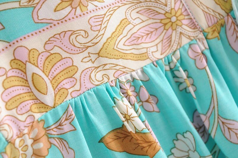 BOHO Mint Green Tassel Lacing up V neck Location Flower Print Long Dress Hippie Woman Strappy Long Sleeve Holiday Dresses Beach