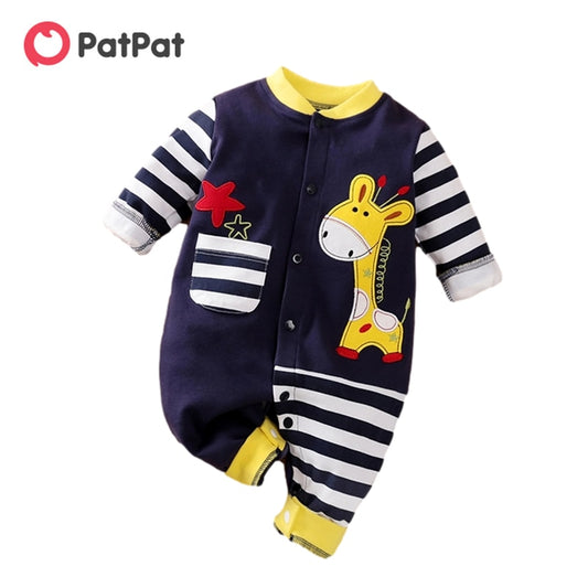 PatPat New Arrival Autumn and Winter Baby Boy Girl Cute Giraffe Embroidery Stripe Design Long-sleeve Jumpsuit Baby Clothing