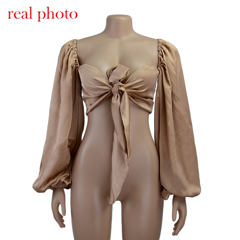 Cryptographic Sexy Backless Fashion Square Collar Wrap Women Shirts Batwing Sleeve Solid Crop Tops Women Tops and Blouses 2021