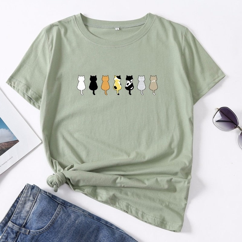 Cotton Summer Women T Shirt S-5XL Versatile Cute Cats Print Short Sleeve Ladies Basic Tees Top Casual O-Neck Female Woman TShirt