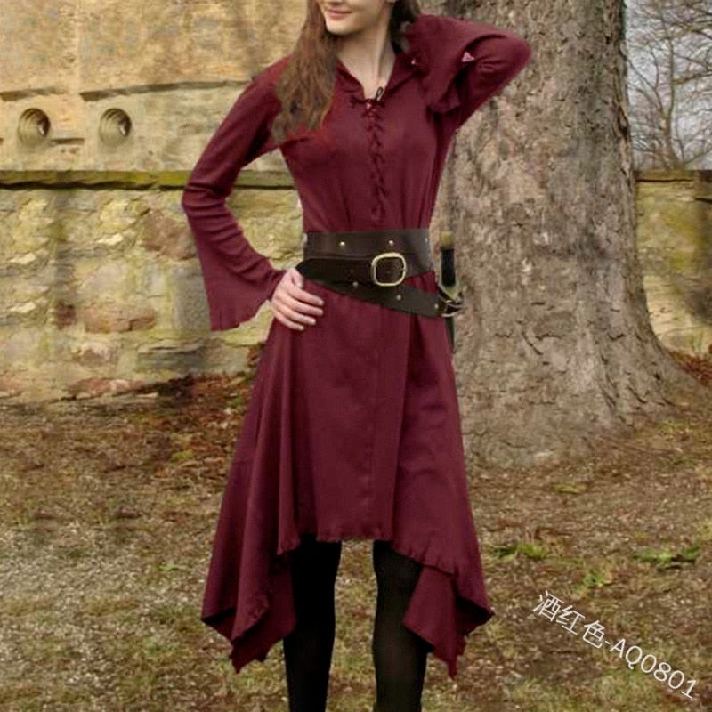 Vintage Dress for Women Solid V-neck Long Sleeve Mid-calf Length Gothic Dresses Medieval Ladies Cosplay Costume Without Belt