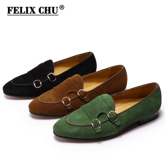 FELIX CHU Mens Suede Loafers Gentlemen Wedding Party Casual Slip On Shoes Black Brown Green Monk Strap Men Dress Shoes Leather