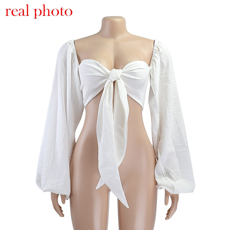 Cryptographic Sexy Backless Fashion Square Collar Wrap Women Shirts Batwing Sleeve Solid Crop Tops Women Tops and Blouses 2021