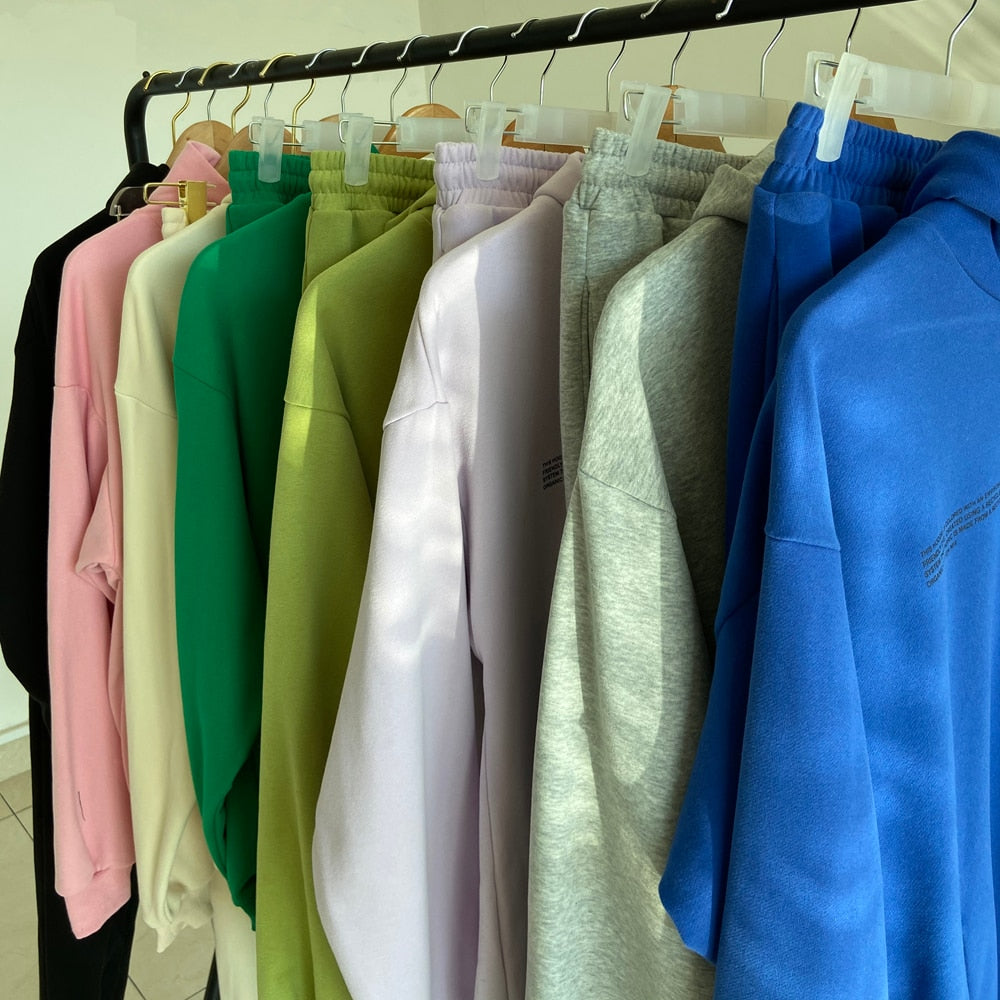 Solid Cotton Hooded Sweatshirts Hoodies Track Pants Joggers Women Tracksuits Two Piece Sets Sweatpants Sweatsuits Spring Female