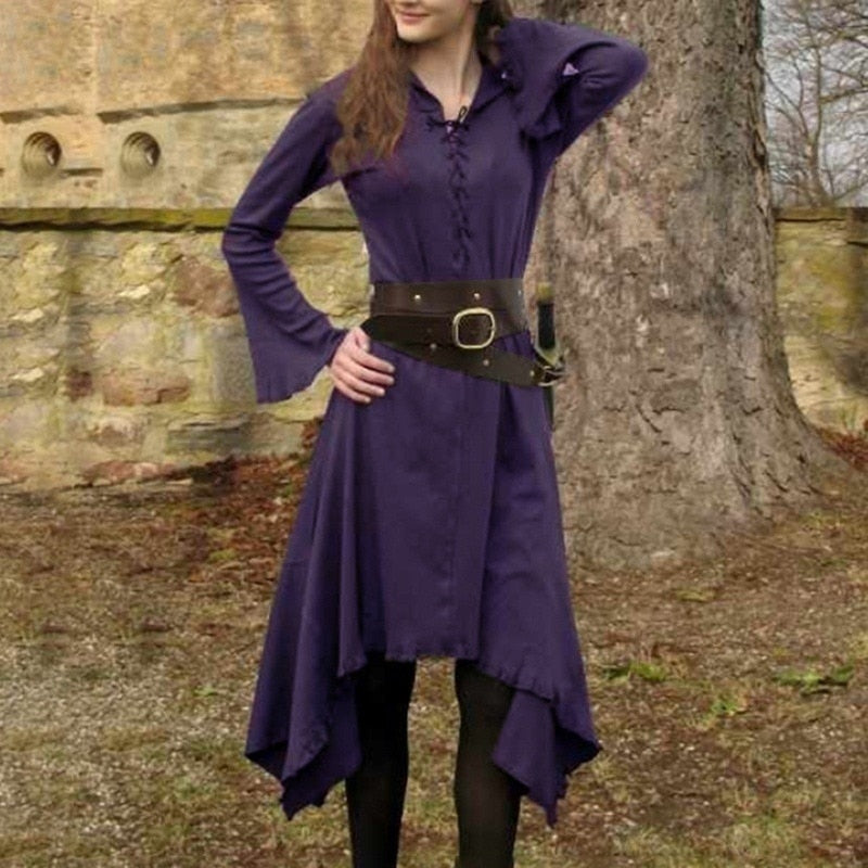 Vintage Dress for Women Solid V-neck Long Sleeve Mid-calf Length Gothic Dresses Medieval Ladies Cosplay Costume Without Belt