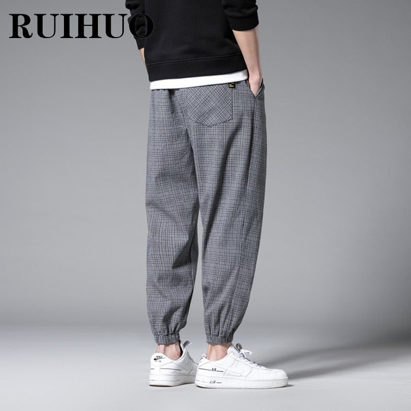 RUIHUO Ankle-Length Plaid Harem Pants Men Clothing Joggers Men Pants Trousers Japanese Fashion Grey Sweatpants M-3XL 2022