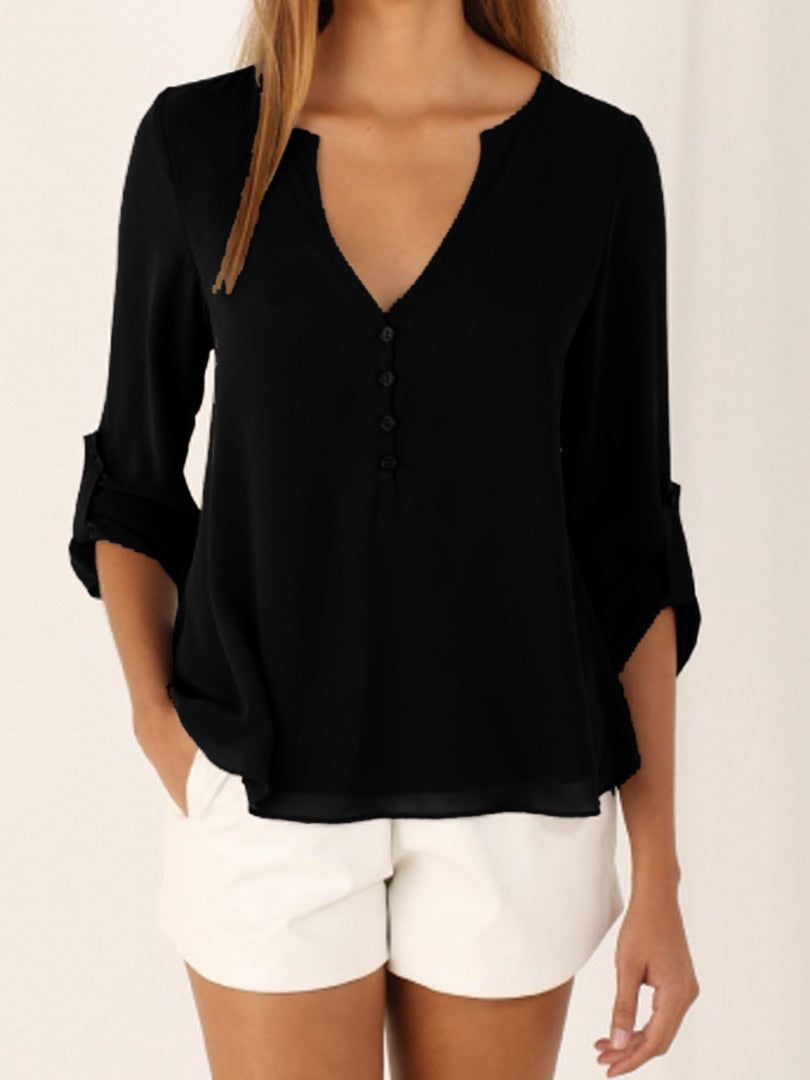 2022 Women Shirts Summer Autumn Casual V-neck Chiffon Blouse Women Tops And Blouses Long Sleeve Black White Ladies Blouse Shirt
