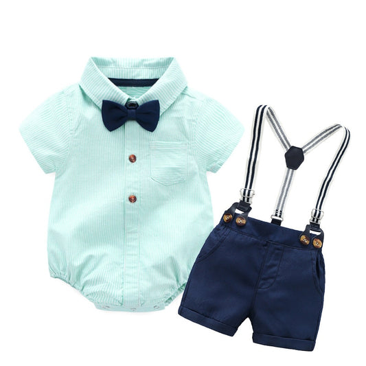 Baby Boys Clothes New Born Cotton Striped Romper + Bow + Navy Shorts + Suspenders Sets Baby Stuff Newborn Clothes 0 3 Months