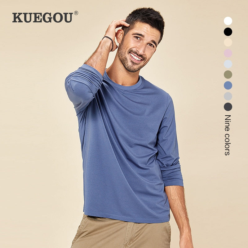 KUEGOU 2022 Spring Tshirt  Elastic Modal Men&#39;s T-shirt Long sleeve Fashion Tshirt Solid Color High Quality Top Plus Size 5951