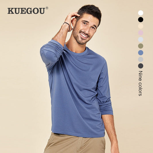 KUEGOU 2022 Spring Tshirt  Elastic Modal Men&#39;s T-shirt Long sleeve Fashion Tshirt Solid Color High Quality Top Plus Size 5951