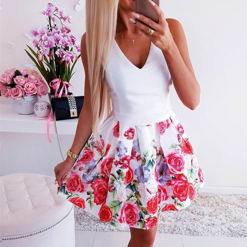Women Summer Flower Printed A-Line Dress O-Neck/V-Neck Sleeveless Mini Dress Elegant Lady Steetwear Party Dress (Without Belt)