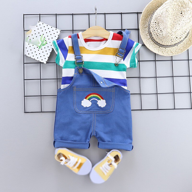 Toddler Baby Boy Clothing Summer Clothes Set Infant Girls Outfits Rainbow Stripe T-shirt+Suspenders Pants Kids Tracksuit Suits