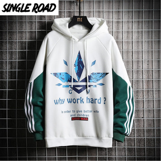 Single Road Men's Hoodies Men 2020 Winter Side Striped Oversized Sweatshirt Male Hip Hop Japanese Streetwear White Hoodie Men