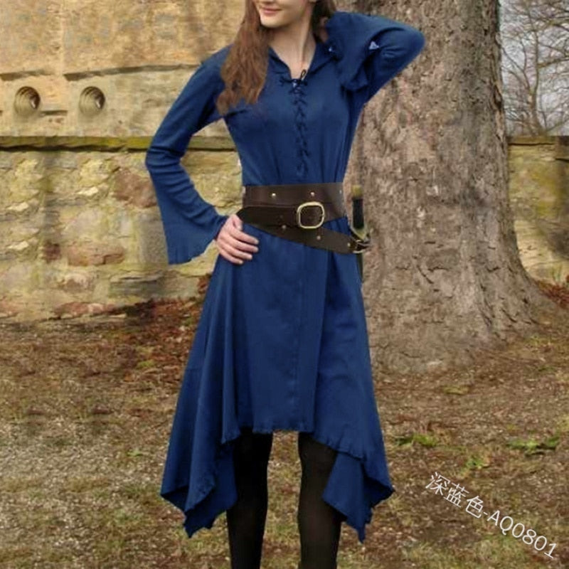 Vintage Dress for Women Solid V-neck Long Sleeve Mid-calf Length Gothic Dresses Medieval Ladies Cosplay Costume Without Belt