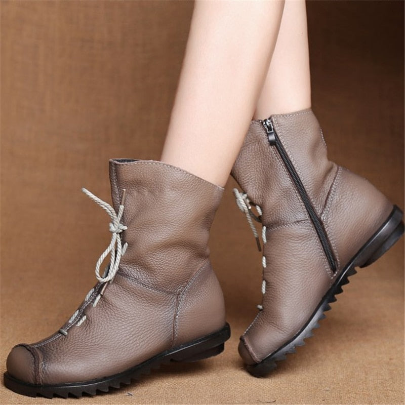 JIANBUDAN/ Genuine Leather Plush women&#39;s short Boots Retro Casual Autumn Winter Women&#39;s Boots Waterproof leather warm Snow boots