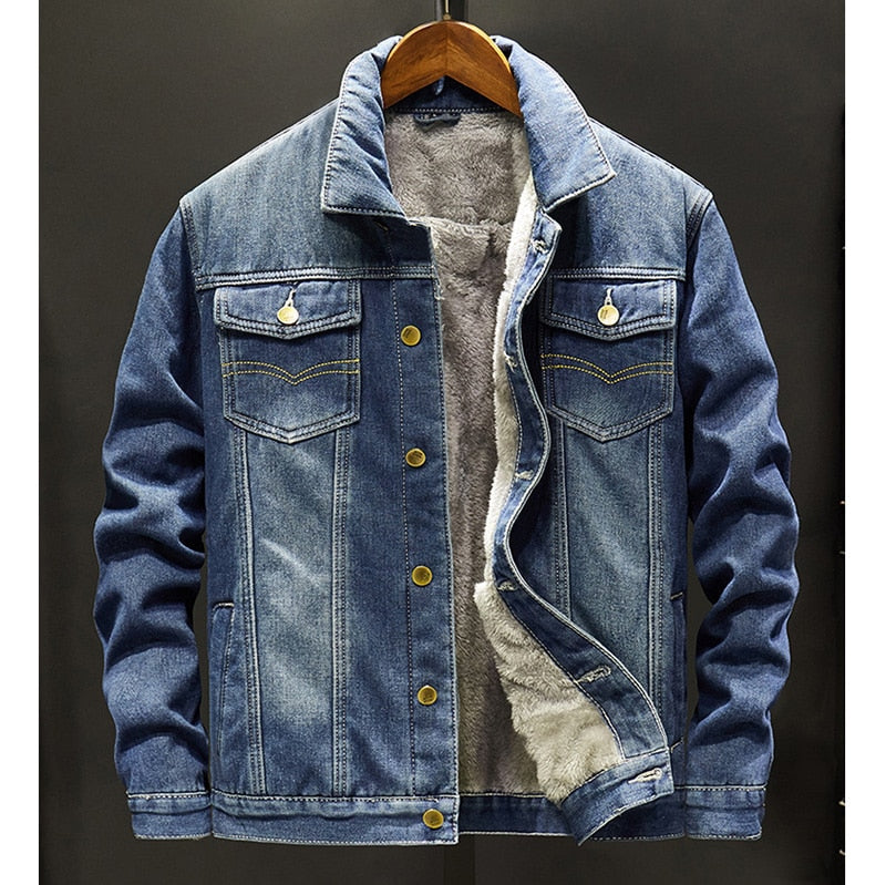 Men Light Blue Winter Jean Jackets Outerwear Warm Denim Coats New Men Large Size Wool Liner Thicker Winter Denim Jackets Size6XL