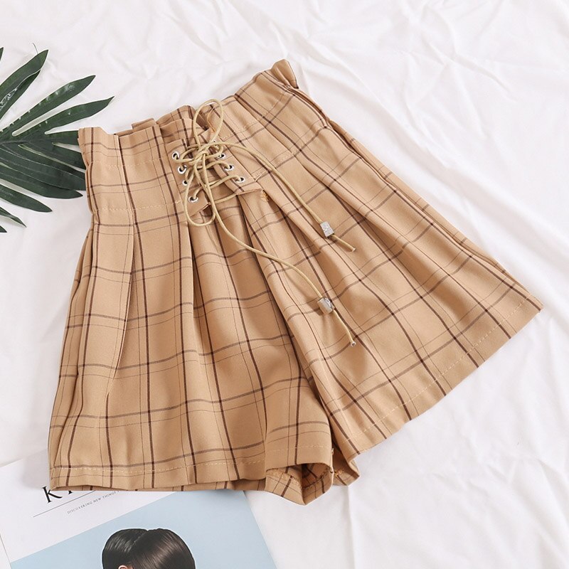 HELIAR 2022 Spring Women Plaid Shorts Elastic Waist Drawstring Wide Leg Shorts With Saches High Waist Shorts For Women