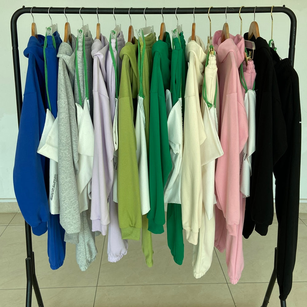 Solid Cotton Hooded Sweatshirts Hoodies Track Pants Joggers Women Tracksuits Two Piece Sets Sweatpants Sweatsuits Spring Female