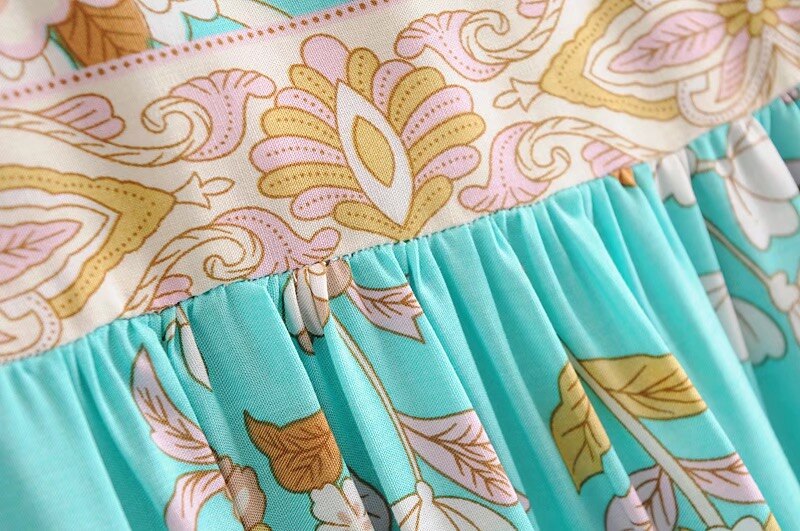 BOHO Mint Green Tassel Lacing up V neck Location Flower Print Long Dress Hippie Woman Strappy Long Sleeve Holiday Dresses Beach