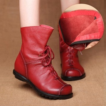 JIANBUDAN/ Genuine Leather Plush women&#39;s short Boots Retro Casual Autumn Winter Women&#39;s Boots Waterproof leather warm Snow boots