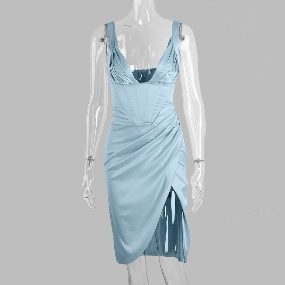 Karlofea Female Summer Stretchy Satin Corset Dress Chic Slit Draped Midi Dress Festival Clothing Sexy V Neck Club Party Dresses