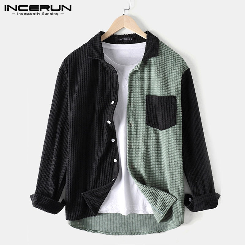 INCERUN Men Shirt Patchwork 2022 Turn Down Collar Long Sleeve Chic Blouse Streetwear Button Casual Camisas Hombre Men Clothing 7