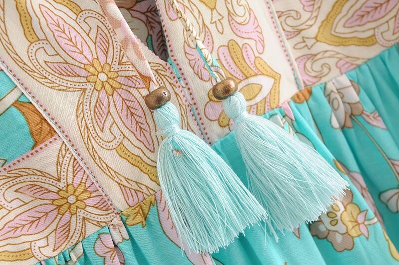 BOHO Mint Green Tassel Lacing up V neck Location Flower Print Long Dress Hippie Woman Strappy Long Sleeve Holiday Dresses Beach