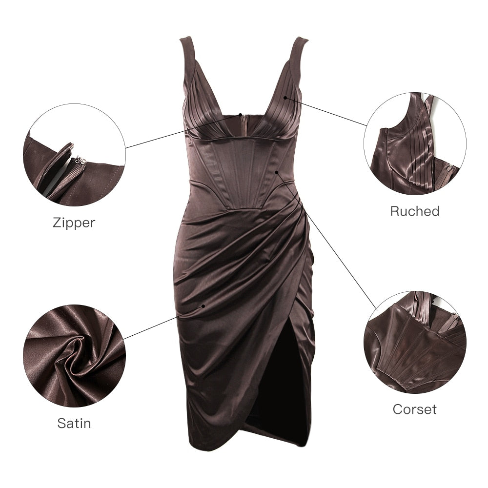 Karlofea Female Summer Stretchy Satin Corset Dress Chic Slit Draped Midi Dress Festival Clothing Sexy V Neck Club Party Dresses