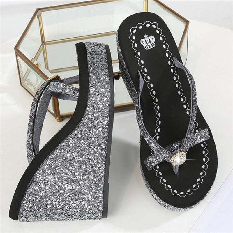 TIMETANGSummer platform women shoes beach sandals rhinestones sequins slope with flip flops breathable shiny wedges women