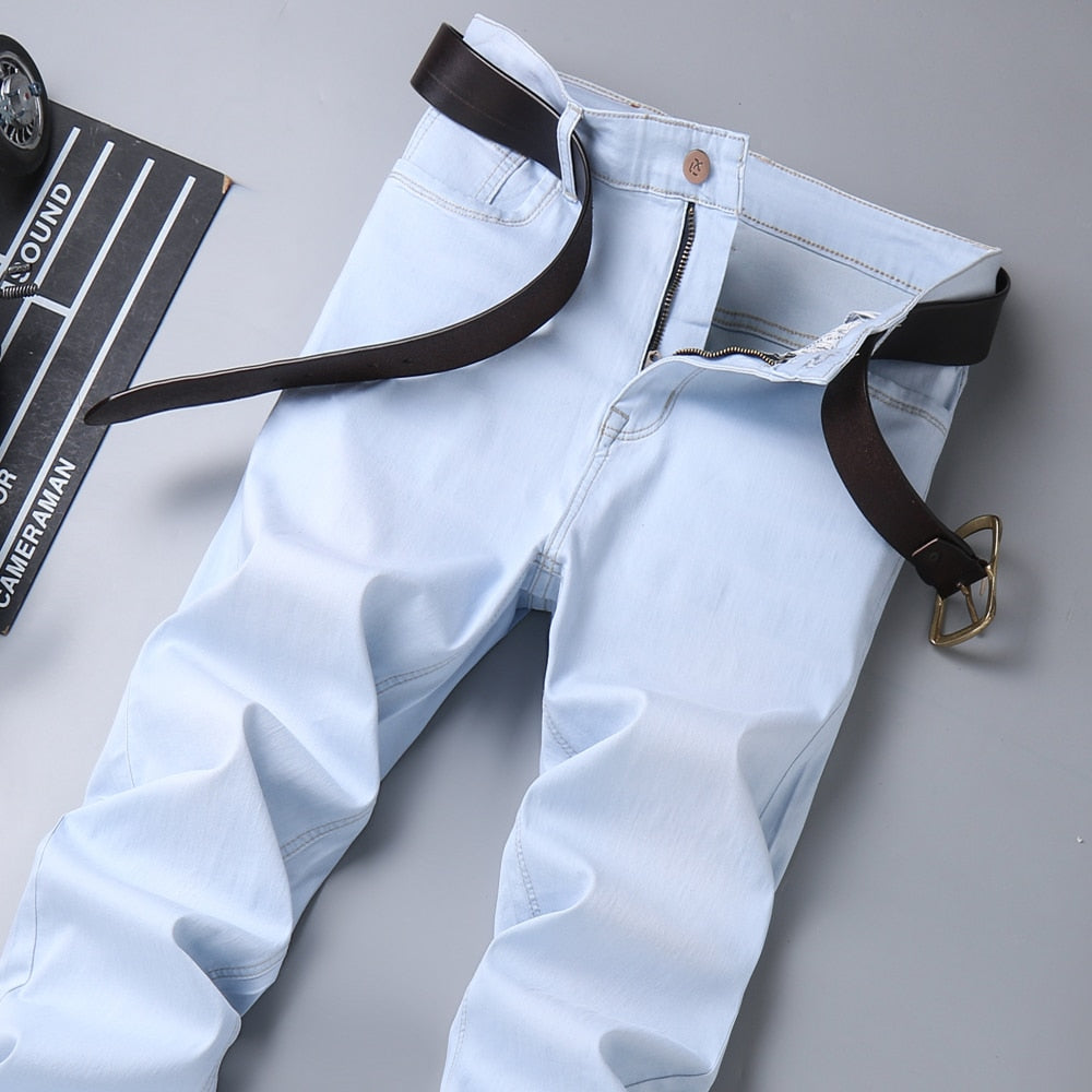 2020 New Autumn Men&#39;s Loose Straight Stretch Jeans Fashion Casual Classic Style Cotton Denim Sky Blue Pants Male Brand Trousers