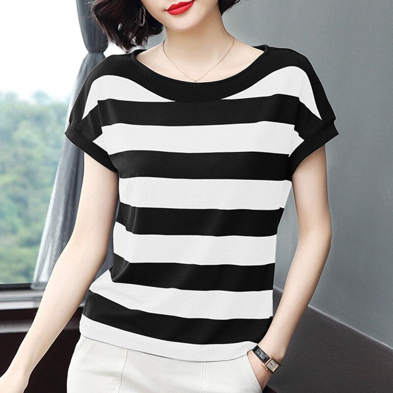 Cotton Black Striped Women Summer Loose T-Shirts 2022 Female Plus Size Short Sleeve Casual O-Neck Modal T Shirt Ladies Soft Tops