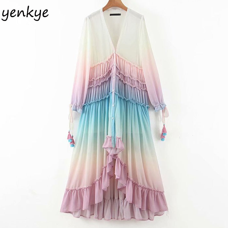 Multicolor Gradient Print Long Maxi Dress Women V Neck Long Sleeve Ruffle Holiday Boho Beach Dress A-line Chiffon Dress