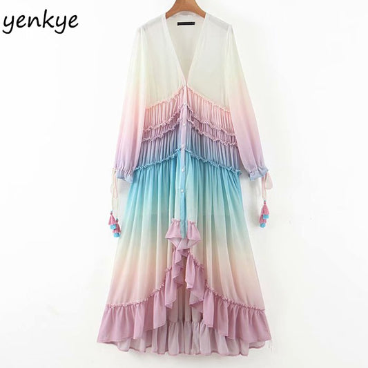 Multicolor Gradient Print Long Maxi Dress Women V Neck Long Sleeve Ruffle Holiday Boho Beach Dress A-line Chiffon Dress