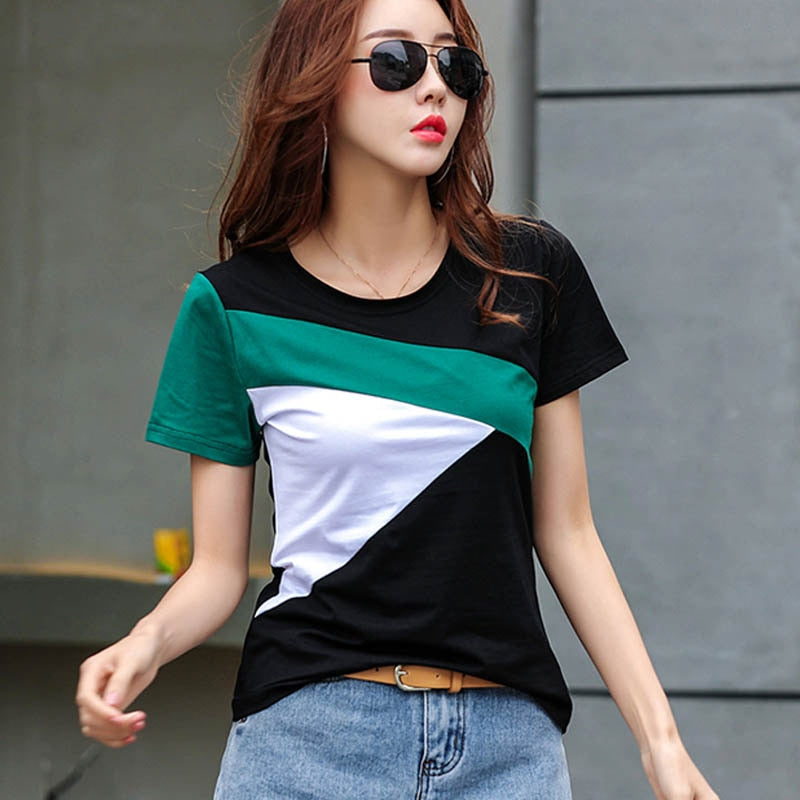 Slim Shirt 2021 Summer The New Fashion Women Short Shirt Stitching Shirt Round Neck Short Sleeve Women Tops and Blouse 2575 50