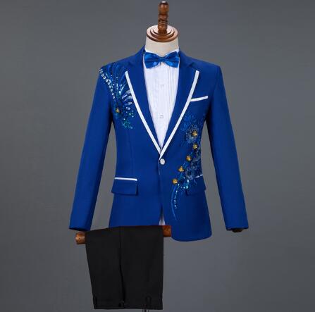 Diamond Royal Blue Men Suit Set Gold Embroidered Wedding Mens Slim Fit Tuxedo Mens Suits with Pants Prom Show Stage Costume Male