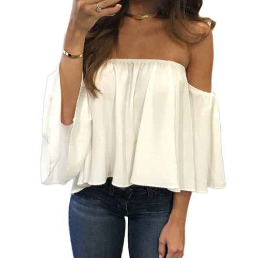 Spring Summer Fashion Stylish Women Off Shoulder Casual Blouse Shirt Tops Strapless Pure Solid Color Bell Puff Sleeve Tops